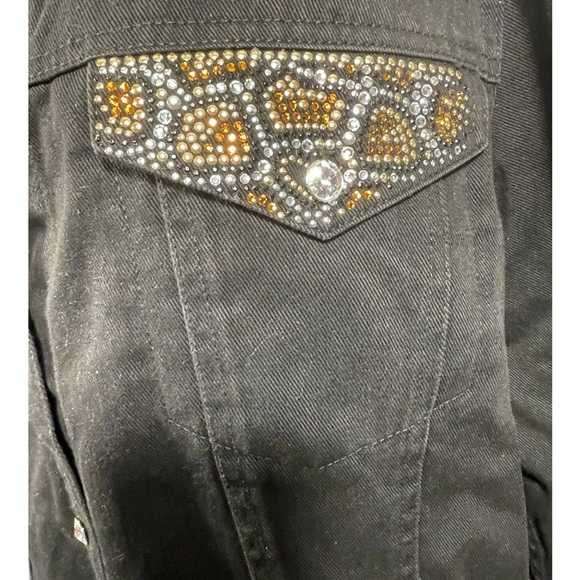 Size XL Black Denim Jean Jacket Animal Print  Embellished Bling Collar - Picture 4 of 11
